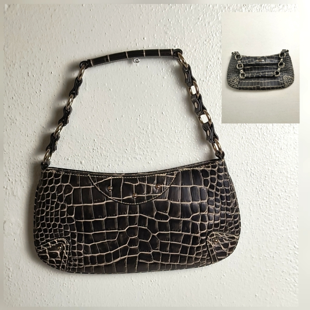 Charlie Lapson Hobo Handbag Embossed Croc Black